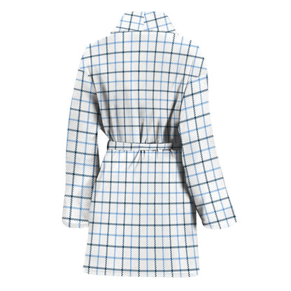 White And Blue Tattersall Pattern Print Women's Bathrobe