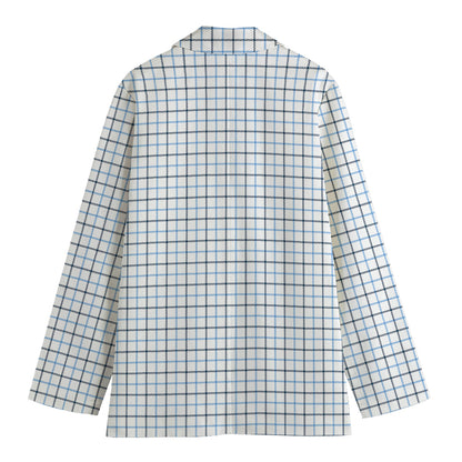 White And Blue Tattersall Pattern Print Women's Blazer