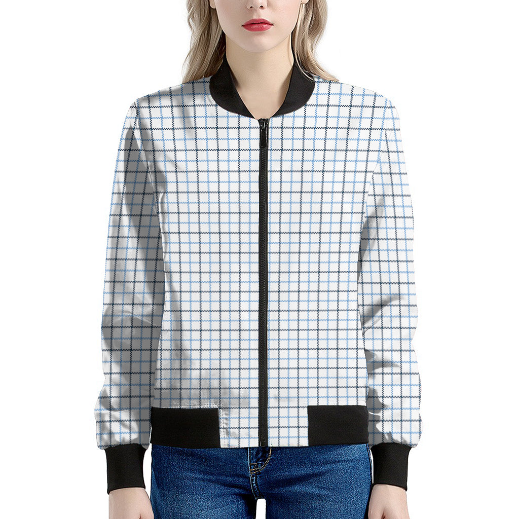 White And Blue Tattersall Pattern Print Women's Bomber Jacket