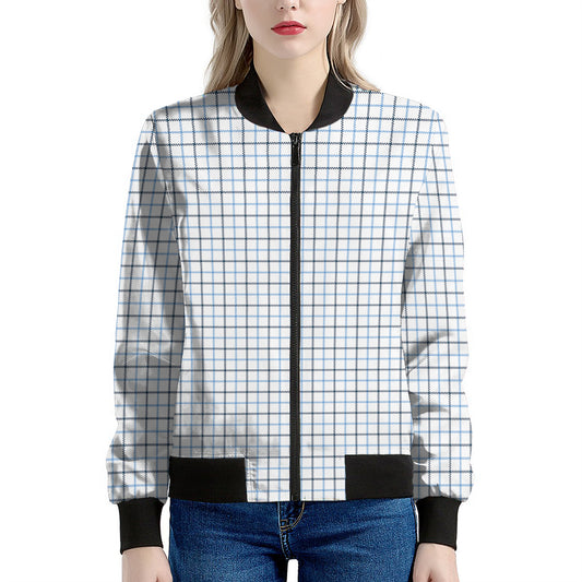 White And Blue Tattersall Pattern Print Women's Bomber Jacket
