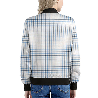 White And Blue Tattersall Pattern Print Women's Bomber Jacket