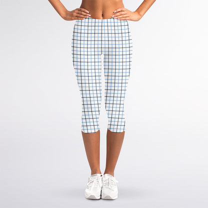 White And Blue Tattersall Pattern Print Women's Capri Leggings