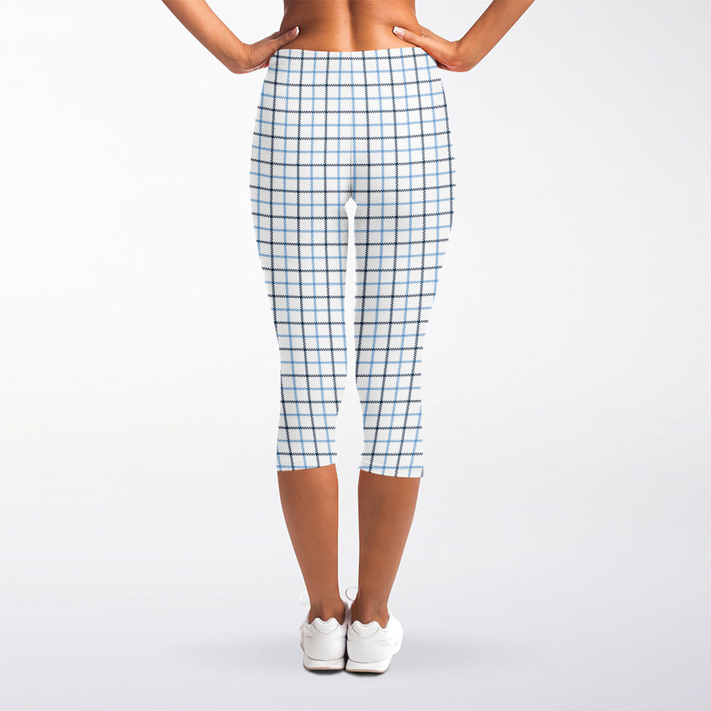 White And Blue Tattersall Pattern Print Women's Capri Leggings