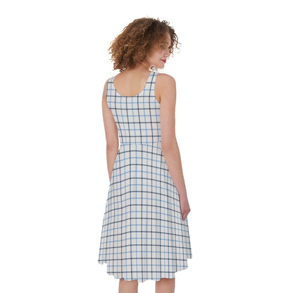 White And Blue Tattersall Pattern Print Women's Sleeveless Dress