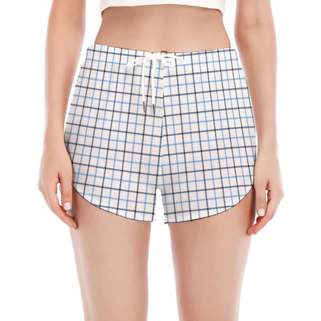 White And Blue Tattersall Pattern Print Women's Split Running Shorts