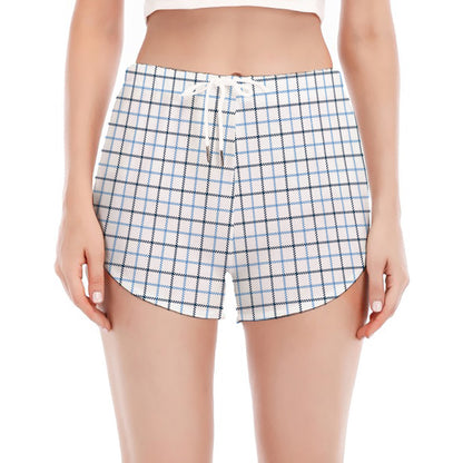 White And Blue Tattersall Pattern Print Women's Split Running Shorts