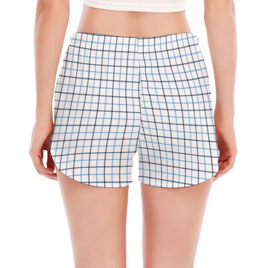 White And Blue Tattersall Pattern Print Women's Split Running Shorts