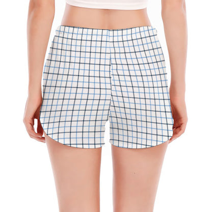 White And Blue Tattersall Pattern Print Women's Split Running Shorts
