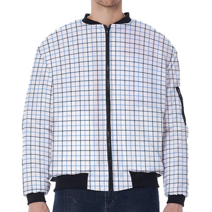 White And Blue Tattersall Pattern Print Zip Sleeve Bomber Jacket