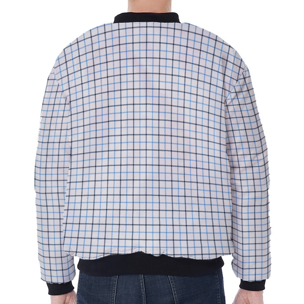 White And Blue Tattersall Pattern Print Zip Sleeve Bomber Jacket