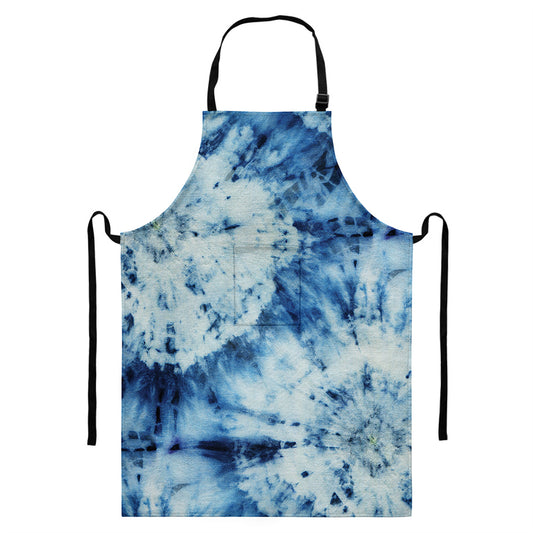 White And Blue Tie Dye Print Bib Apron With Pocket