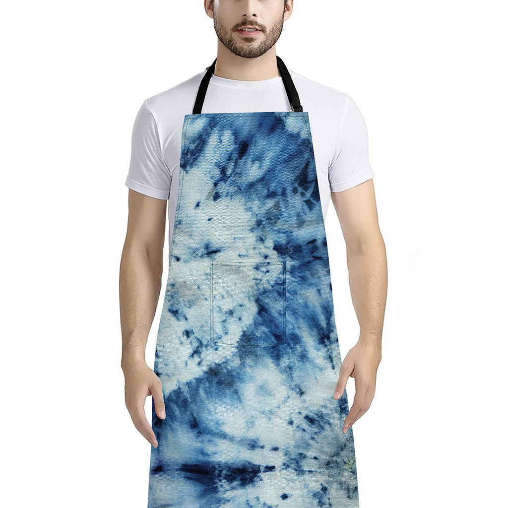 White And Blue Tie Dye Print Bib Apron With Pocket