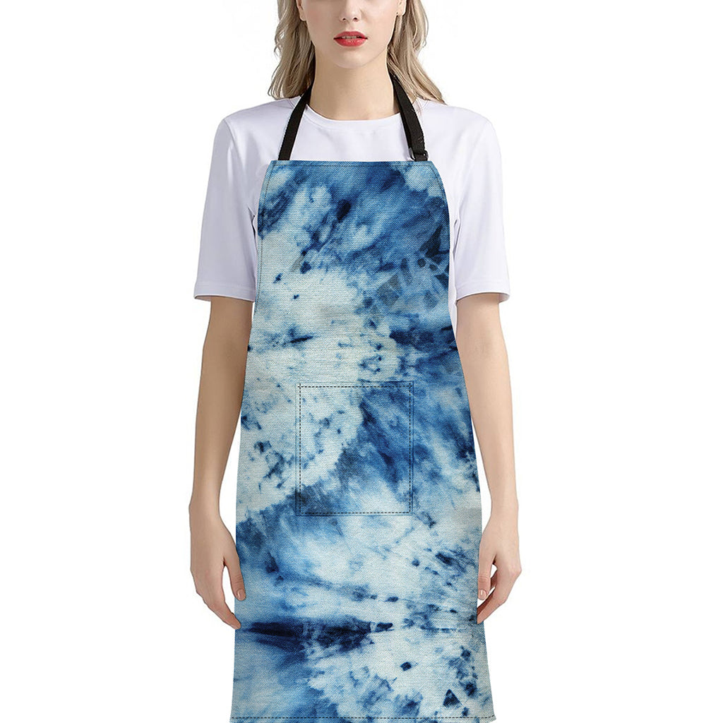 White And Blue Tie Dye Print Bib Apron With Pocket
