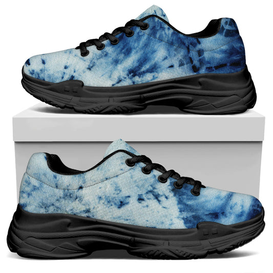 White And Blue Tie Dye Print Black Chunky Shoes