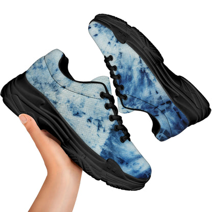 White And Blue Tie Dye Print Black Chunky Shoes