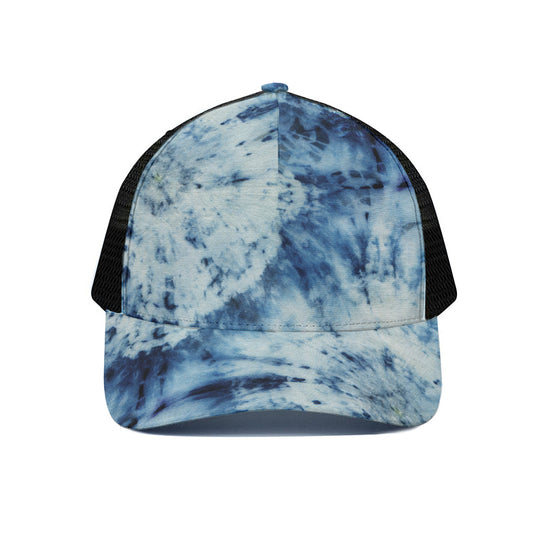 White And Blue Tie Dye Print Black Mesh Trucker Cap