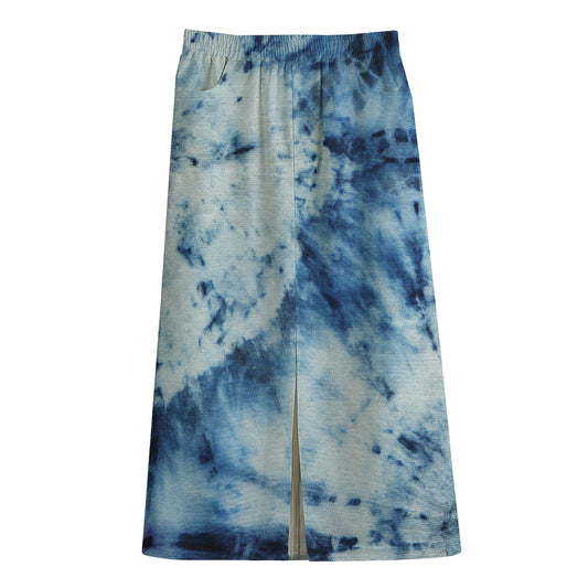 White And Blue Tie Dye Print Cotton Front Slit Maxi Skirt