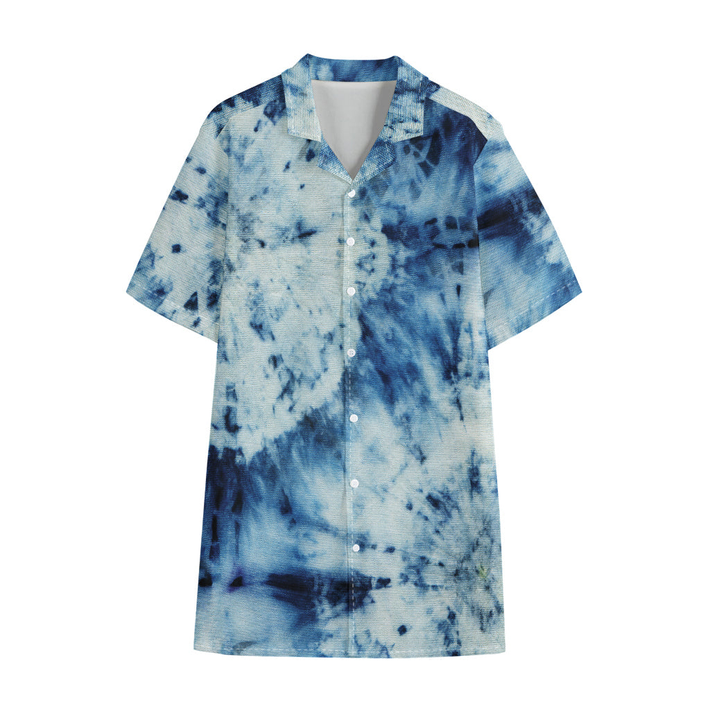 White And Blue Tie Dye Print Cotton Hawaiian Shirt