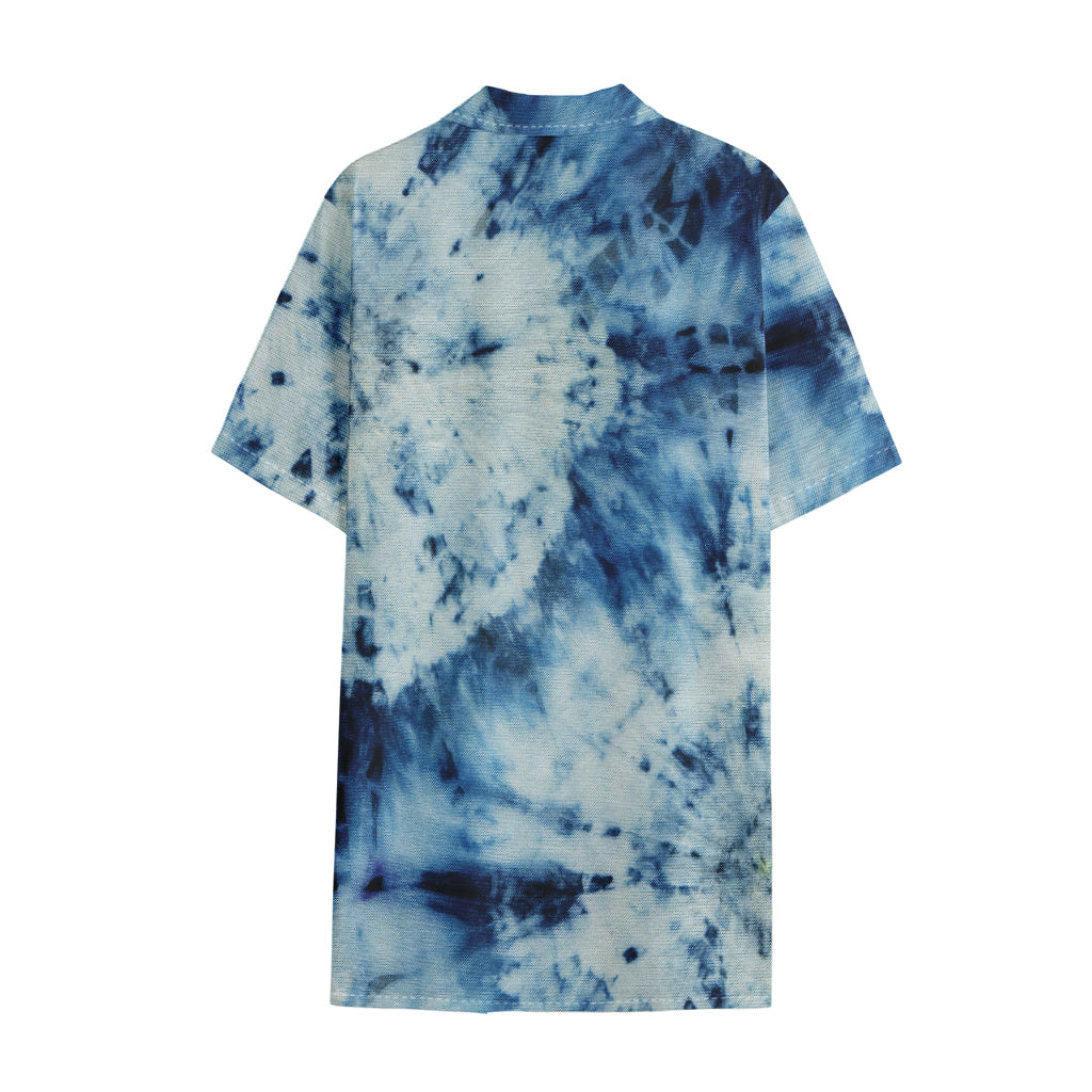 White And Blue Tie Dye Print Cotton Hawaiian Shirt