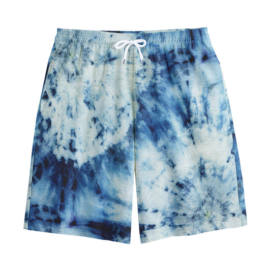 White And Blue Tie Dye Print Cotton Shorts