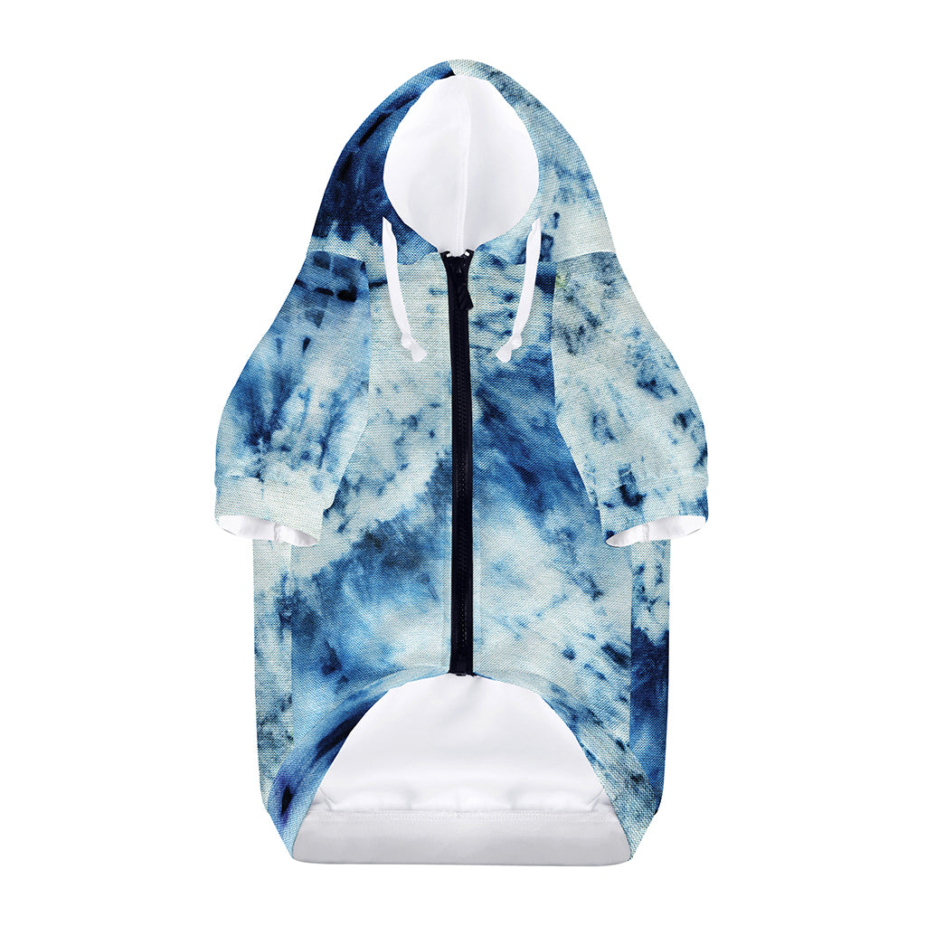 White And Blue Tie Dye Print Dog Zip Up Hoodie