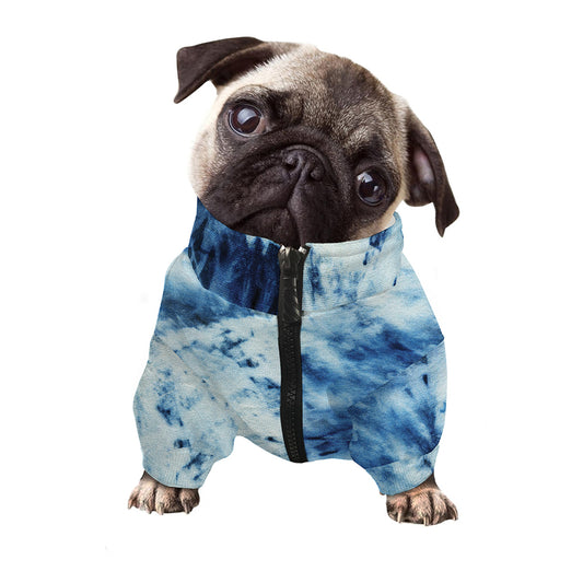 White And Blue Tie Dye Print Dog Zip Up Jacket