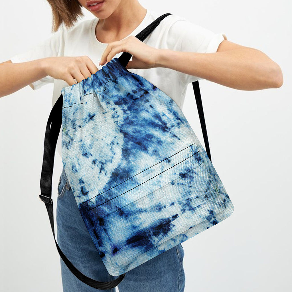White And Blue Tie Dye Print Drawstring Backpack