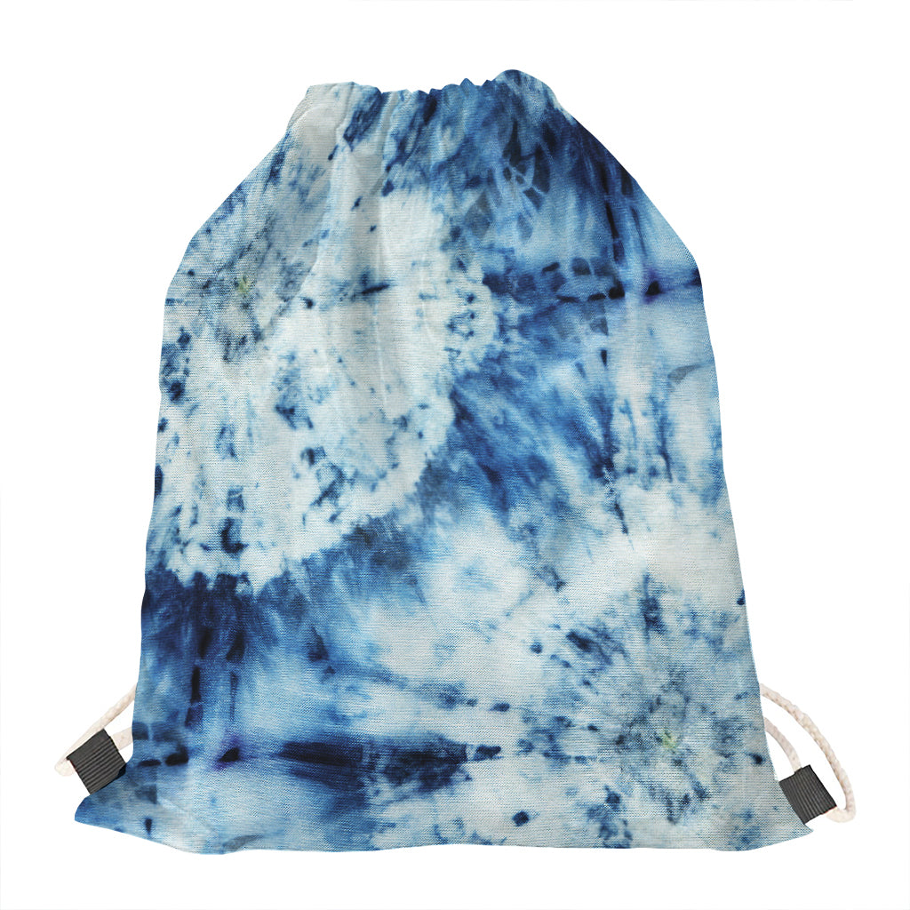 White And Blue Tie Dye Print Drawstring Bag