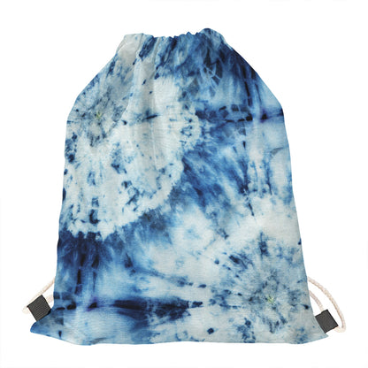 White And Blue Tie Dye Print Drawstring Bag