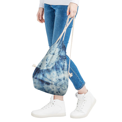 White And Blue Tie Dye Print Drawstring Bag