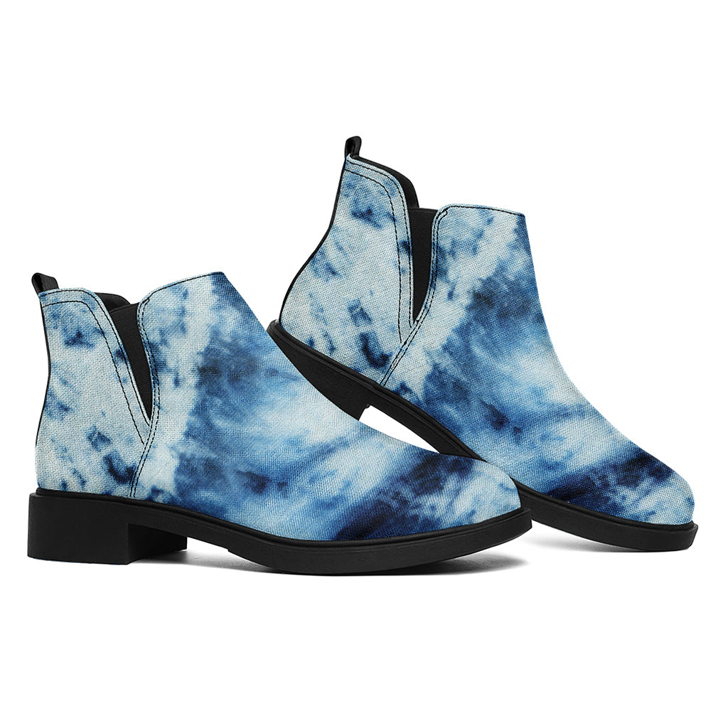 White And Blue Tie Dye Print Flat Ankle Boots