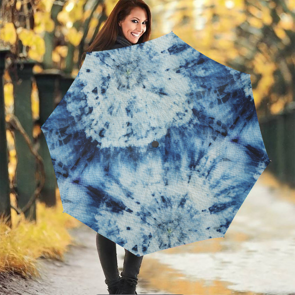 White And Blue Tie Dye Print Foldable Umbrella