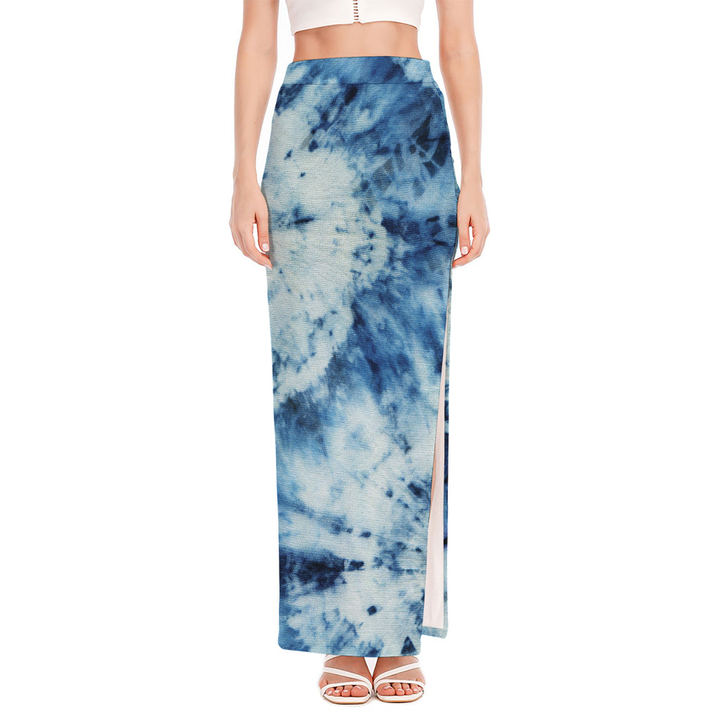 White And Blue Tie Dye Print High Slit Maxi Skirt