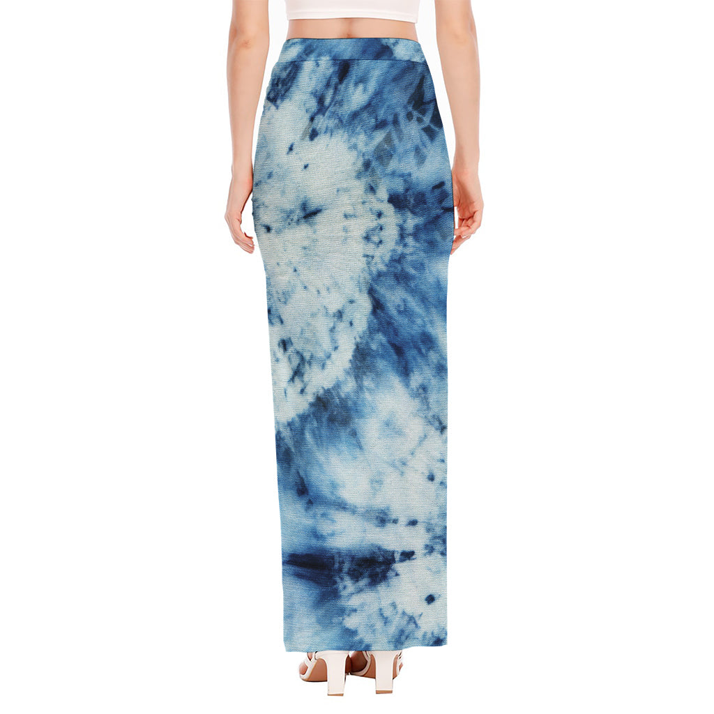 White And Blue Tie Dye Print High Slit Maxi Skirt