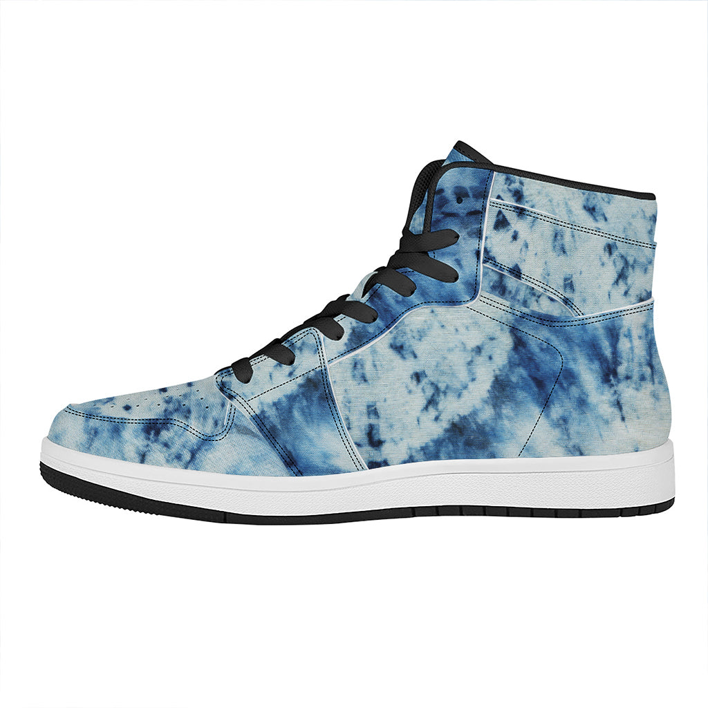 White And Blue Tie Dye Print High Top Leather Sneakers