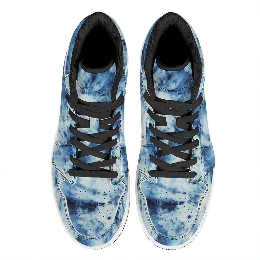 White And Blue Tie Dye Print High Top Leather Sneakers