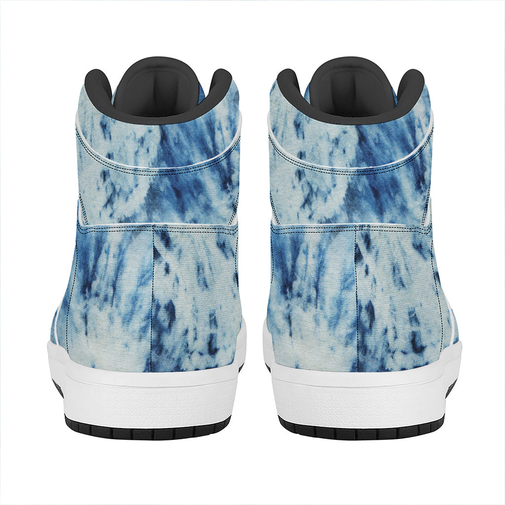White And Blue Tie Dye Print High Top Leather Sneakers