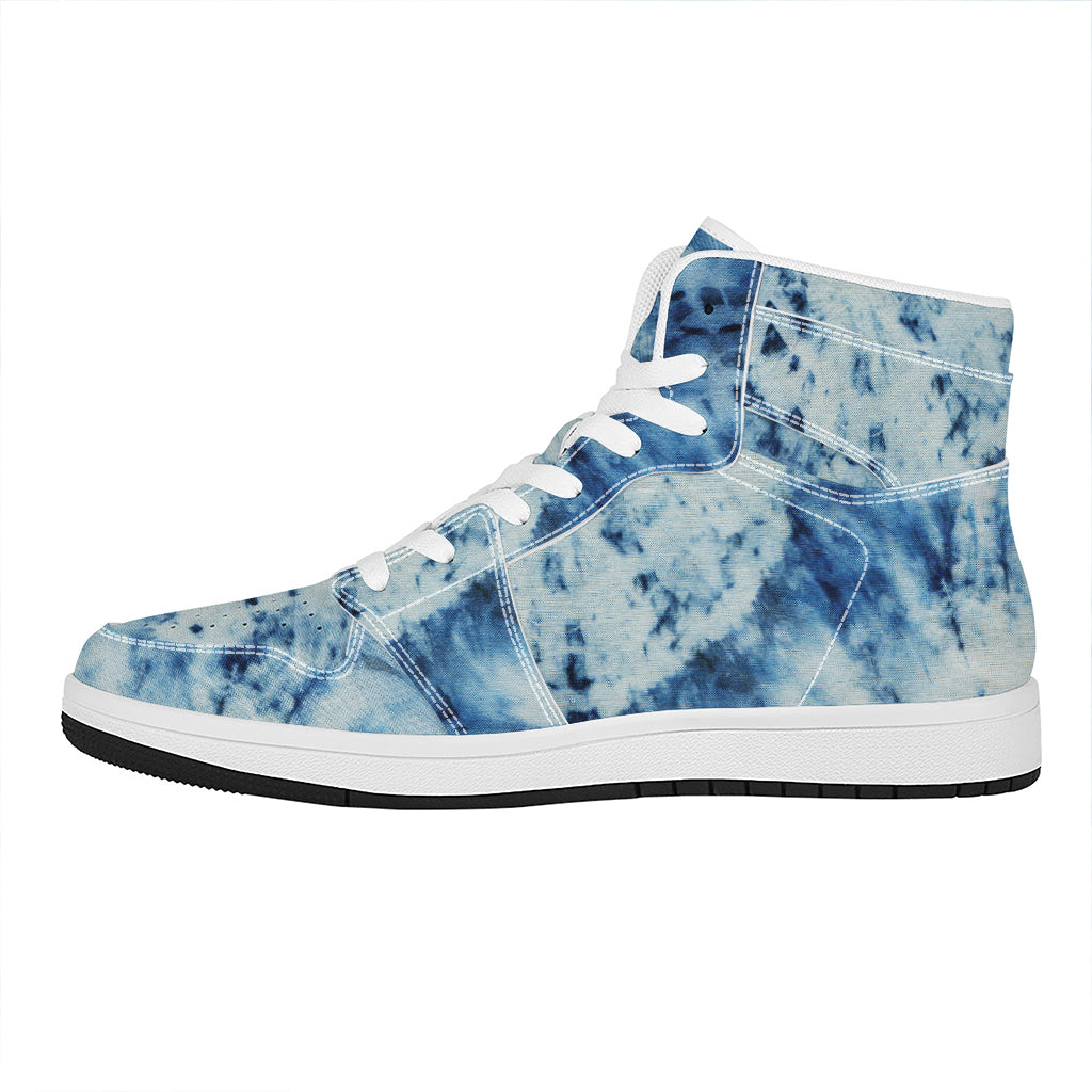 White And Blue Tie Dye Print High Top Leather Sneakers
