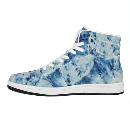 White And Blue Tie Dye Print High Top Leather Sneakers