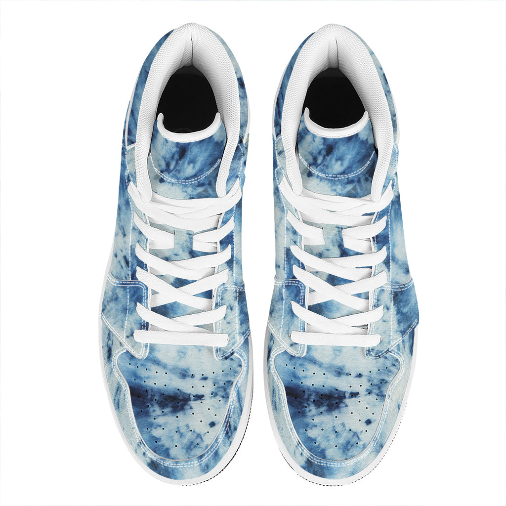 White And Blue Tie Dye Print High Top Leather Sneakers