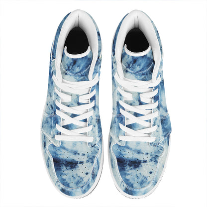 White And Blue Tie Dye Print High Top Leather Sneakers
