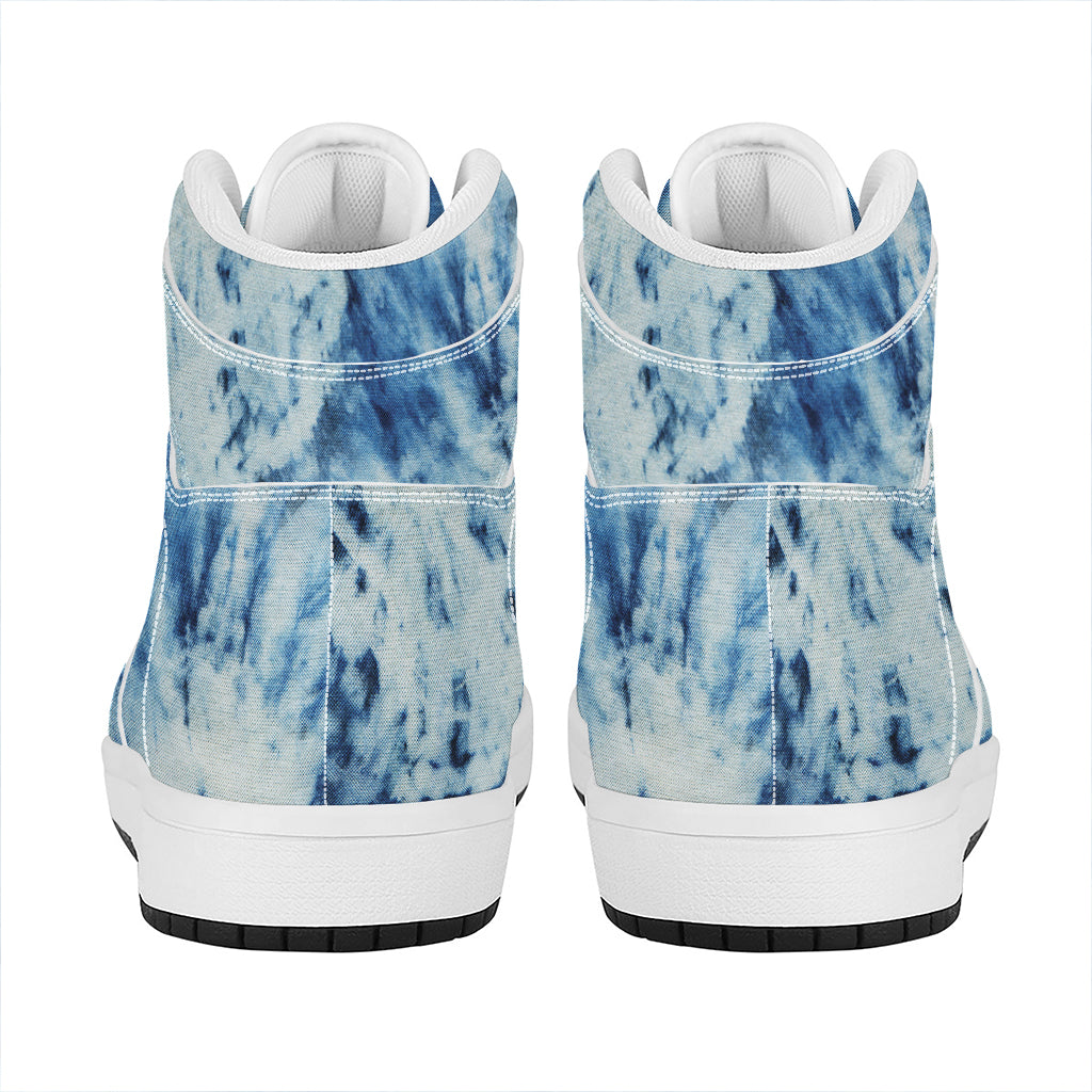 White And Blue Tie Dye Print High Top Leather Sneakers