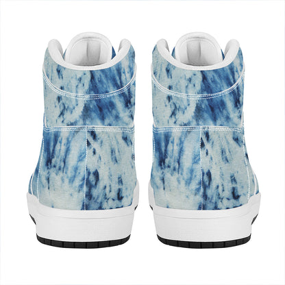 White And Blue Tie Dye Print High Top Leather Sneakers