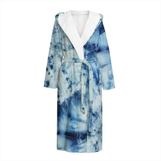White And Blue Tie Dye Print Hooded Bathrobe