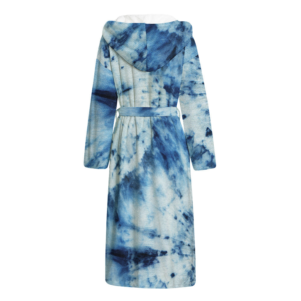 White And Blue Tie Dye Print Hooded Bathrobe