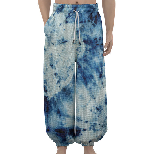 White And Blue Tie Dye Print Lantern Pants