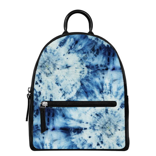 White And Blue Tie Dye Print Leather Backpack