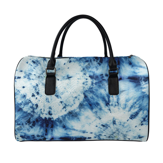 White And Blue Tie Dye Print Leather Duffle Bag
