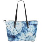 White And Blue Tie Dye Print Leather Tote Bag
