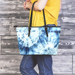 White And Blue Tie Dye Print Leather Tote Bag